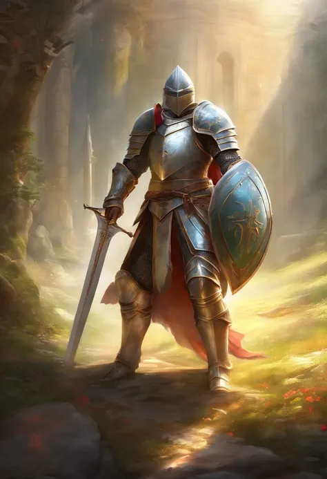 templar Knight in full armour with sword and shield, highly detailed, 8K, global illumination, wide angle, god rays