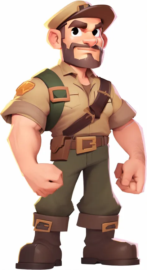 Cartoon image of a man in a hat and uniform, rugged male ranger, portrait of a rugged ranger, mid-shot of a hunky, heavy weapons guy, full - body portrait of a ranger, character art closeup, heavy gesture style closeup, Sturdy Ranger,