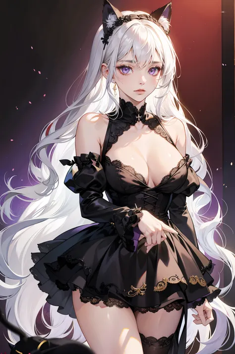 White hair fantasy woman in black dress, 1girll, Breasts, Solo, Very long hair, dress, Lace，Very short skirt, Purple eyes, ((Black cat ears)), Short black Romanesque dress,Tight shoulder straps at the waist，There are gold accents on the clothes，耳Nipple Rin...