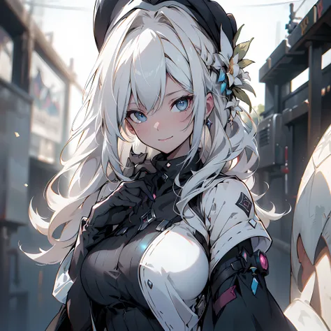 1 adult woman, High detail mature face, long bread blond hair, smile, blue eyes, black and white Nun hat, high res, ultra sharp, 8k, masterpiece, looking at viewer, long black gloves, Sharp eyes, ((Best quality)), ((masterpiece)), 3D, HDR (High Dynamic Ran...