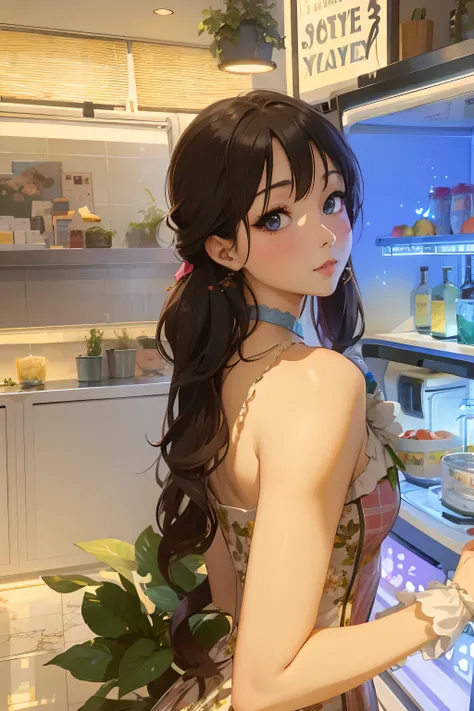 An anime girl in a dress、Looking at the refrigerator with plants, artwork in the style of guweiz, guweiz, Cute anime waifu in a nice dress, Seductive Anime Girl, Beautiful anime girl, guweiz on pixiv artstation, beautiful alluring anime woman, anime moe ar...