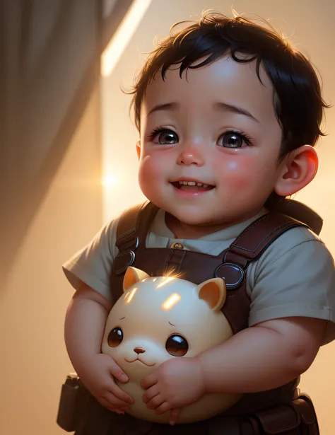 A little happy boy with a round head and a round head。The ears are a little bigger。Grow short。A little chubby,  (backlit:1.3), (cinematic:1.2), intricate details, (ArtStation:1.3), Rutkowski