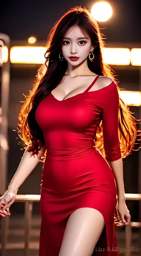 top-quality。８K-Picture。Ultra-high pixel。The background is the city at night。girl with。hair is long and slightly wavy,,,,,,,,,,,,,,。The color is dark brown。Glamour style、((huge-breasted：1.4))。wearing red dress、Photos dancing brilliantly。Delicate finish over...