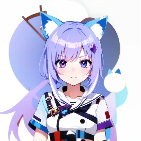 Anime girl with purple hair and blue eyes and white shirt, anime moe art style, mikudayo, anime girl with cat ears, in an anime style, cute anime catgirl, flat anime style shading, anime art style, In anime style, Cute!! tchibi!!! cat woman, Anime Stylizat...