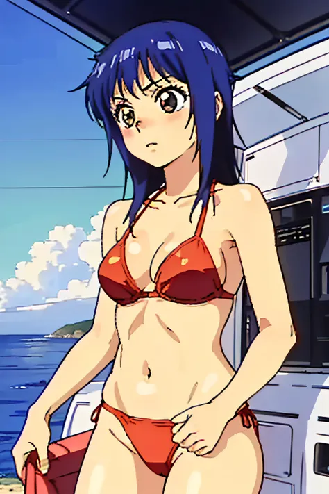 High-definition image quality and accurate drawing without blurring, 1girl, POV, (((red bikini:1.3))), (((sunny summer sea:1.5))), face close-up:0.6, Expressionless, medium hair, gray eyes, blue hair, straight hair, medium brests,