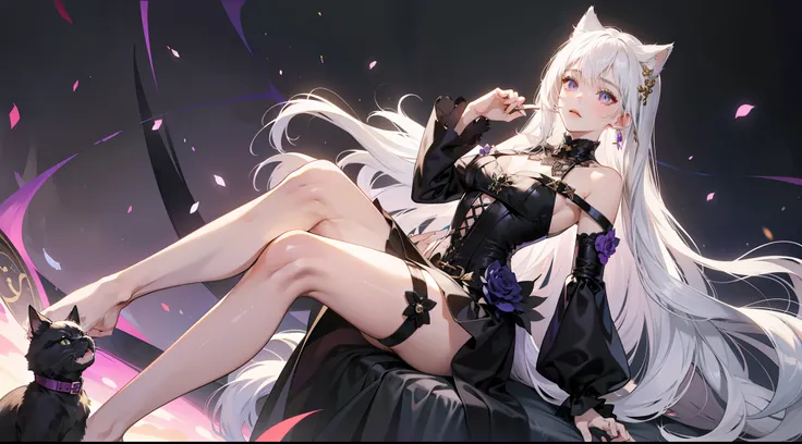 White hair fantasy woman in black dress, 1girll, Breasts, Solo, Very long hair, dress, Lace，Very short skirt, Purple eyes, ((Black cat ears)), Short black Romanesque dress,Tight shoulder straps at the waist，There are gold accents on the clothes，耳Nipple Rin...