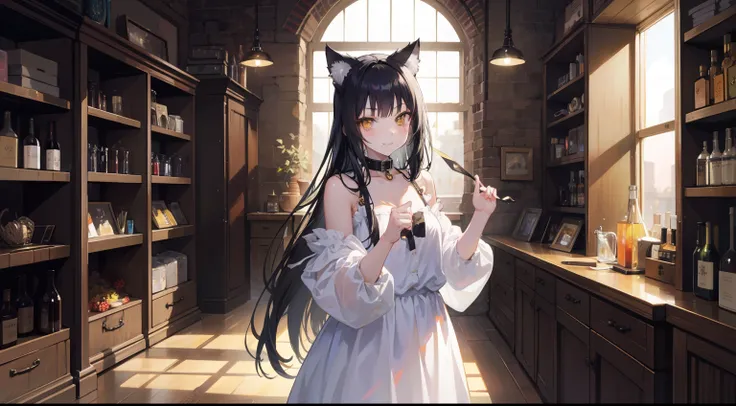 wallpapers, 4K, anime style, masterpiece, highly detailer, 1girl，solo，cat ears，long black hair，yellow eyes, catgirl a little immature，playful smile, badass, sunset, medieval,  merchant store,  medieval merchant store interior behind, looking at the viewer,...