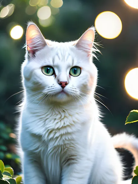 close up photo of a very cute pure white cat in the garden, soft volumetric lights, (backlit:1.3), (cinematic:1.2), intricate details, (ArtStation:1.3), Rutkowski