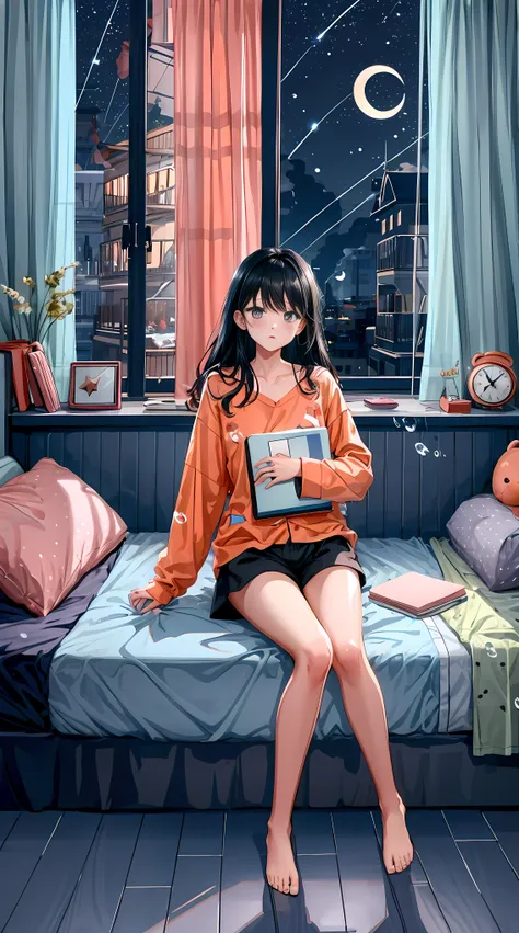 lineart, 
1girl, solo, long hair, black hair, long sleeves, sitting, sky, shorts, barefoot, cloud, indoors, pillow, book, bare l...