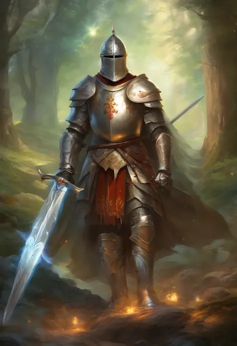 Knight Templar in full armor with sword and shield, highly detailed, 8k, Illumination globale, Grand angle, Rayons divins