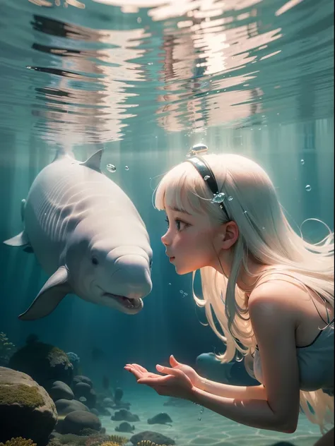 Create an enchanting artwork featuring a modestly dressed girl gracefully swimming alongside a magnificent beluga whale. Picture a serene underwater scene with crystal-clear waters and sunlight streaming through. Capture the sense of wonder and connection ...