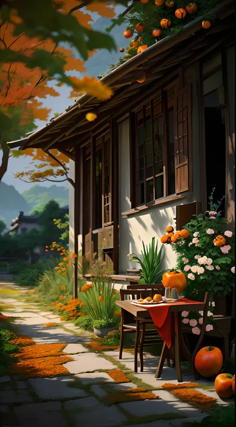 Chinese countryside in the 80s，tile-roofed house，It has a sense of age，Warm late autumn colors，Wooden table and chairs in the courtyard，There are fruit plates on the table，It is surrounded by flowers and plants，There are trees and flowers around，A beautifu...