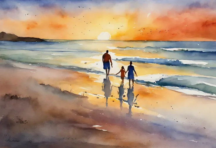 "Loving father enjoying gentle sunset on beach with two daughters and sons."