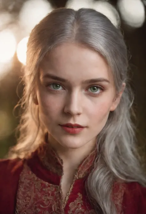 (((A crimson wound streaked across her left cheek))) Fair complexion, A woman around 19 years old, Natural gray hair, Unique green eyes, Wear Cole, Slender and graceful, Beautiful, Candlelight in a medieval setting, super sharp focus, realistic lens, Medie...