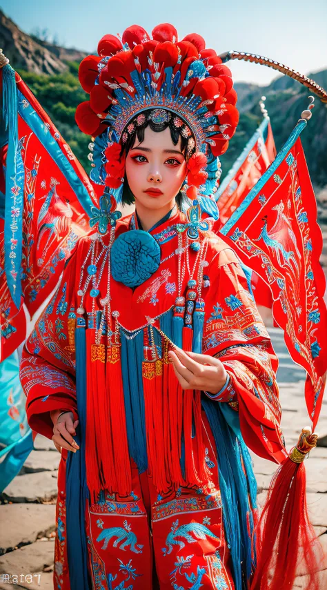 8k, RAW photo, best quality, masterpiece, realistic, photo-realistic, ultra detailed,
1 girl,  CNOperaCrown,  from front, looking at viewer, makeup, headdress, (((CNOperaFlag))), flag from back, holding,  upper body, tassel,