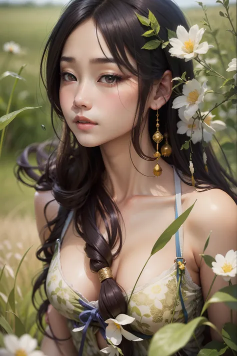 tmasterpiece：（Tanoue，Dew on the meadow，closeup cleavage）。Kizi，Beautiful face，skin detailed，photography of，high-class