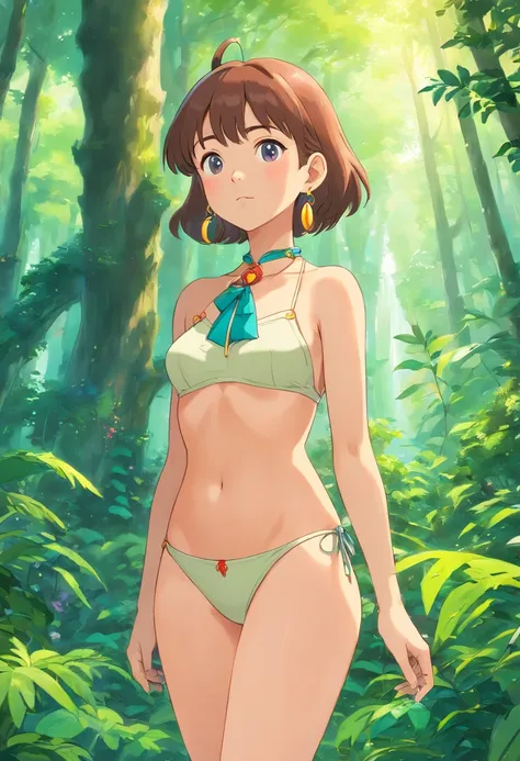 a girl wearing an anime collar, a long necklace and earrings, in the style of tranquil gardenscapes, colorful animation stills, bikini, in full growth, ghibli style, standing in the forest