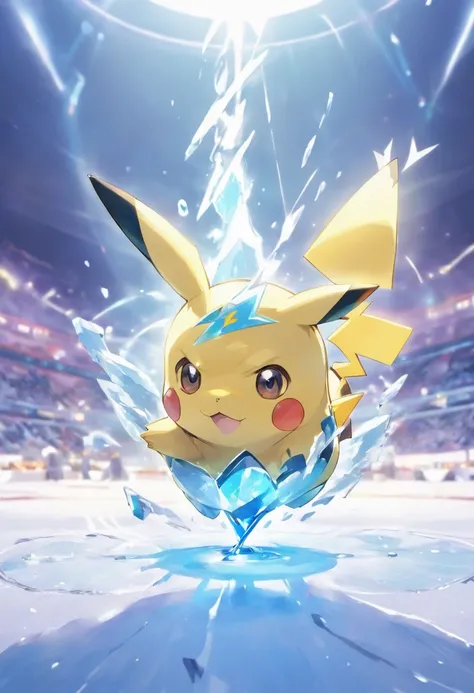 pikachu, wearing thunderbolt, ice battle arena scenery, anime style, 4k, ultra detailed, expansive view, artwork