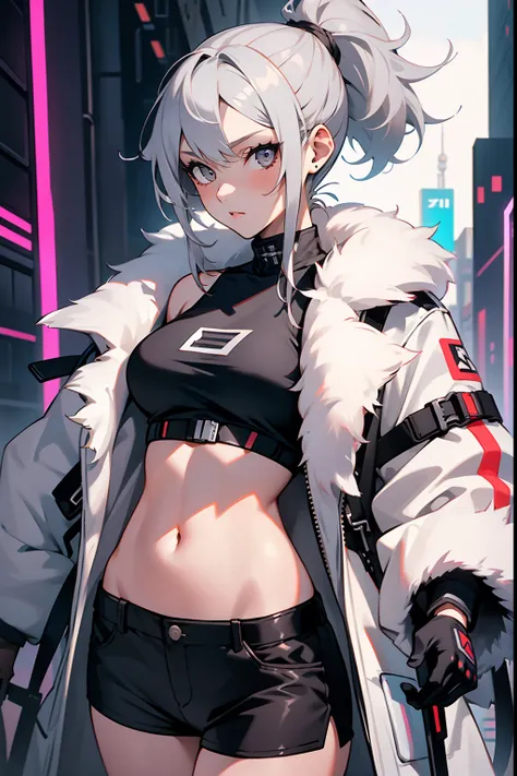 Young girl, short gray hair, gray eyes, high ponytail, cyberpunk, white top, open belly, shorts, furcoat, masterpiece, high quality, SilverWolf