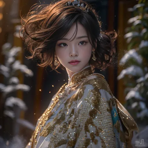 32K gradient glass texture（tmasterpiece，k hd，hyper HD，32K）Short burgundy hair with short flowing hair，Onsen District，Flame Girl ，Yao Lang protector （realisticlying：1.4），Python pattern robe，Black gold tiara，Snowflakes fluttering，The background is pure，Hold ...