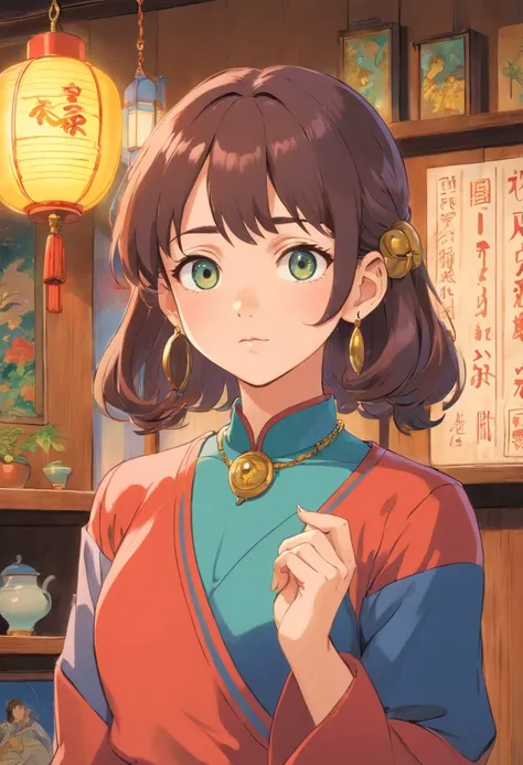 Anime Collar Girl, Long necklaces and earrings, in a house, colorful animation stills, Masami Teraoka,  paul gauguin, Embry style, Honest portrayal,domestic