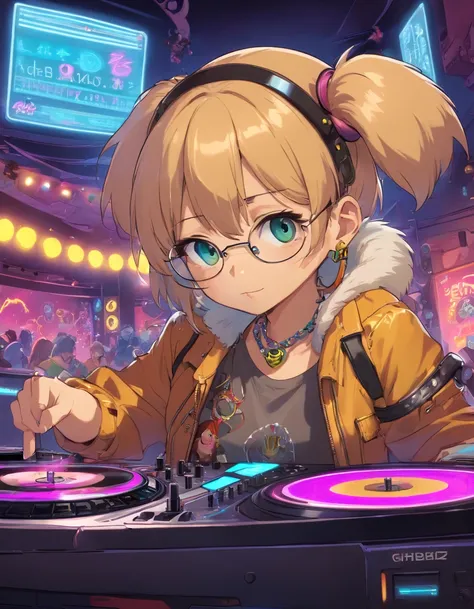 Panorama，nightclub，Anthropomorphic, puppy, DJ，turntable, neon，rock elements, 80s style，colored glasses, big gold necklace, punk leather jacket,