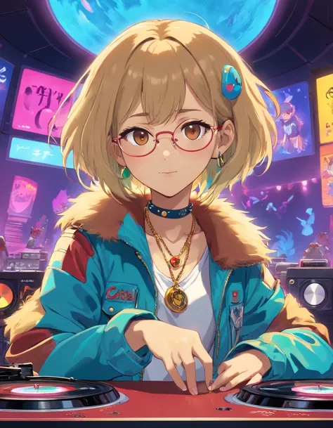 Panorama，nightclub，Anthropomorphic, puppy, DJ，turntable, neon，rock elements, 80s style，colored glasses, big gold necklace, punk leather jacket,