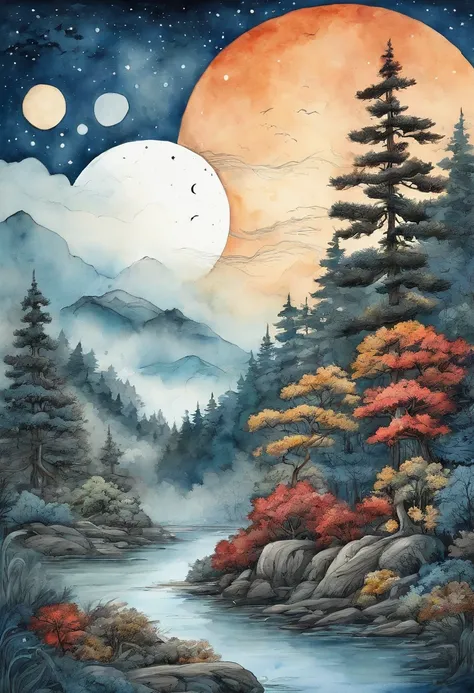 Japan forest painting in intricate detail, Galaxy in the background,natta、Moon Clouds clouds, vivd colour, High contrast, mont, vector line art, Light blue highlights, anime concept art, stick, rug, High quality, Kanye Wests Cover Style