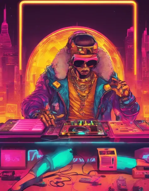 Panorama，nightclub，Anthropomorphic, puppy, DJ，turntable, neon，rock elements, 80s style，colored glasses, big gold necklace, punk leather jacket,