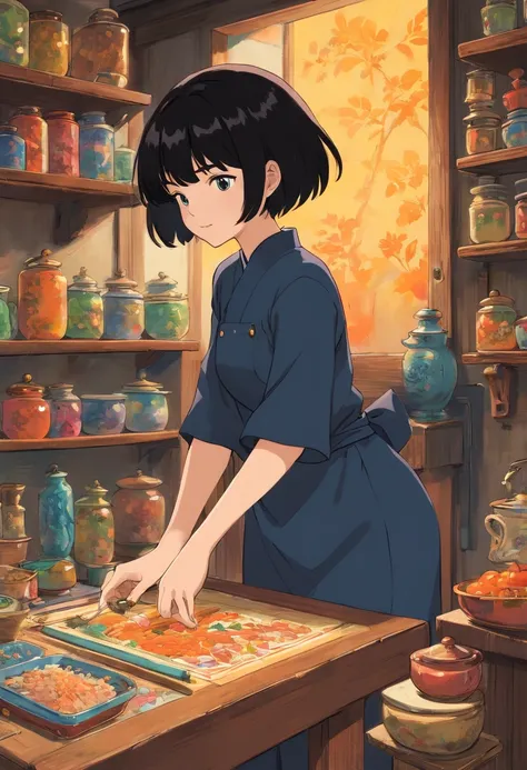 Black shorthair woman making ends meet in house,colorful animation stills, Masami Teraoka, Embry style, Honest portrayal,domestic