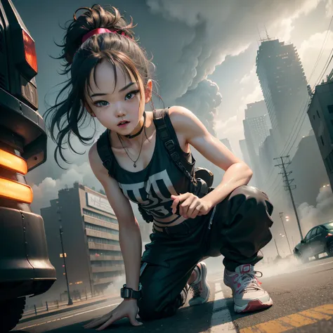 Dance、Artistic jump、break dance、Strenuous movements、vibrancy、Cyberpunk Style、Blade Runner vibe、Steam flows from exhaust outlets on the road surface、The road surface is wet、独奏、Fluttering hair、Cute Baby Turtle、Beautuful Women、a small face、white skinned、hason...