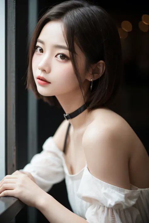 Photorealistic style、 Similar to the exquisite beauty of Korean actress Park Kyu-young. She wears a white dress with a collar, Buttoned up to her neck, moderately cover her skin. Her features are impressive, and Large, Expressive eyes, small mouth, and a s...