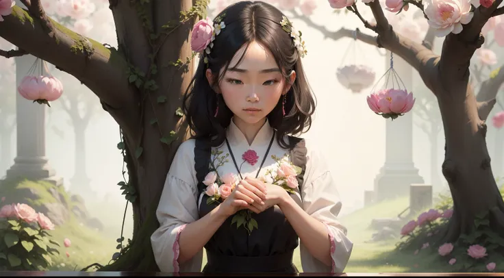 In order to see the flowers closer, she put down a flower branch, the peony was broken under her hand. The flower-keeper saw her and forced her to tie her to a tree, asia style, high quality