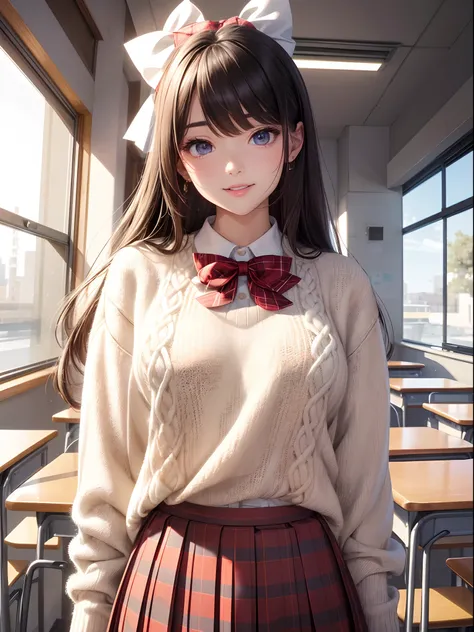 (​masterpiece,best quality quality、8K ),insanely detailed, caustics,one cute girl,smile with open mouth,class room,
(School Uniforms:1.2), (wear a beige knit-sweater over a white shirt:1.3), (red bow:1.3), (plaid pattern pleated skirt:1.3),
detailed and be...