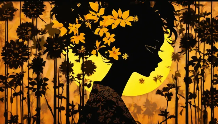 (Silhouette Art,cutouts:1.6)
(((Paper cutting art,A world where only black exists:1.3)

(Cowboy Shot),1 girl,Solo,
(Kimono Girl,profile:1.2),white, Clear and beautiful face,

BREAK
(Yellow sunflower single flower)
Textured glass background,