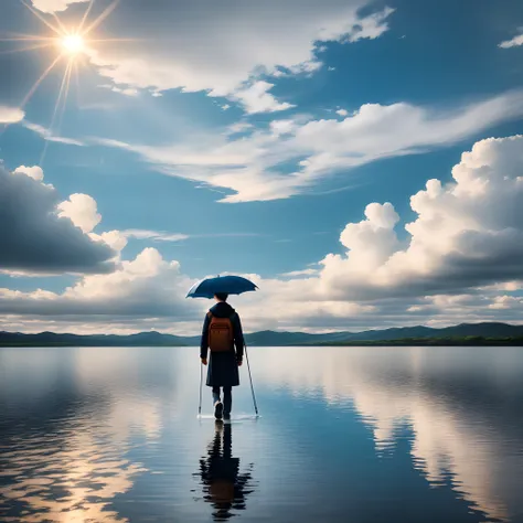 mtu，young，Walk on the water，cloudy，An umbrella，Look up，The sun shines