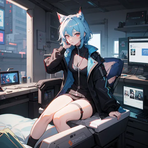 anime character sitting on a desk with a computer and a monitor, digital cyberpunk anime art, best anime 4k konachan wallpaper, trending on artstation pixiv, anime style 4 k, digital cyberpunk - anime art, guweiz on pixiv artstation, from arknights, cyberp...