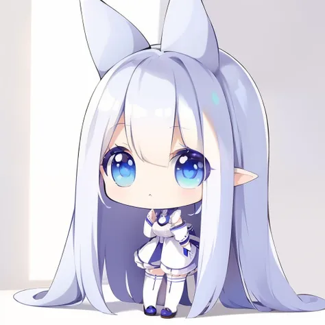 ​masterpiece、detaileds、Soft lighting、white and long ears、Goth rabbit girl with long white hair、Blue-eyed chibi、white backgrounid、simple background、Pencil、