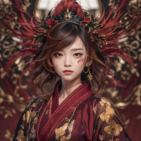 32K gradient glass texture（tmasterpiece，k hd，hyper HD，32K）Short burgundy hair，Short flowing hair，Onsen District，Flame Girl ，Yao Lang protector （realisticlying：1.4），Python pattern robe，Black gold master Kawashima work headdress，Snowflakes fluttering，The bac...