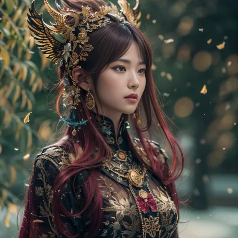 32K gradient glass texture（tmasterpiece，k hd，hyper HD，32K）Short burgundy hair，Short flowing hair，Onsen District，Flame Girl ，Yao Lang protector （realisticlying：1.4），Python pattern robe，Black gold master Kawashima work headdress，Snowflakes fluttering，The bac...