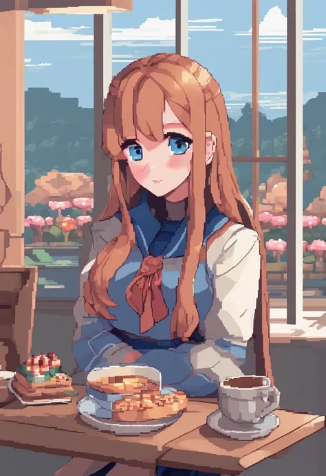 masterpiece, best quality,Reina, 1girl, solo, long hair, window, sitting, indoors, table, sleeves past wrists, cafe, hair bow, head rest, closed mouth, blue sweater, upper body