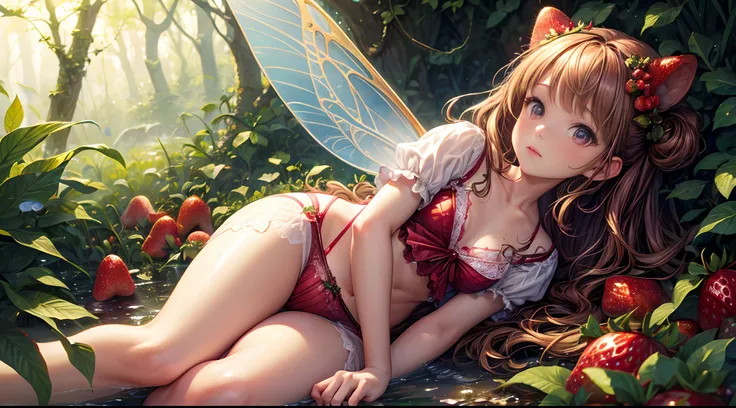 ( Absurd, High quality, ultra-detailed, masterpiece, concept art, smooth, highly detailed artwork, hyper-realistic painting ) , tiny little girl, strawberry girl, Strawberries, cute, whole body, Romantic, Vivid, dreamy, fantasy, fairy wings, in the forest,...