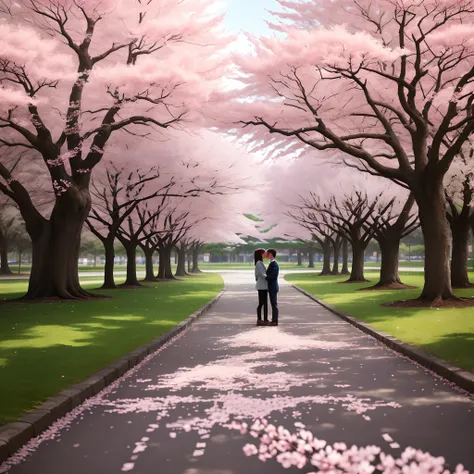 Couple kissing under cherry blossom trees