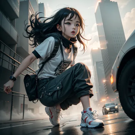 Dance、Artistic jump、break dance、Strenuous movements、vibrancy、Cyberpunk Style、Blade Runner vibe、Steam flows from exhaust outlets on the road surface、The road surface is wet、独奏、Fluttering hair、Cute Baby Turtle、Beautuful Women、a small face、white skinned、hason...