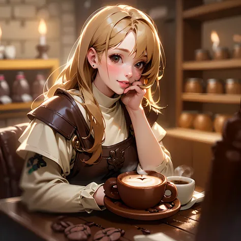 (vendor (coffee):1.5) (1girl:1.1), (solo:1.2), long hair, smile, blonde hair, cup, candle, indoors, solo focus, brown hair, indoors, blurry, lips, depth of field, (store:1.2) (table:1.2), blurry background (realistic:1.3) (medieval shop:1.2)