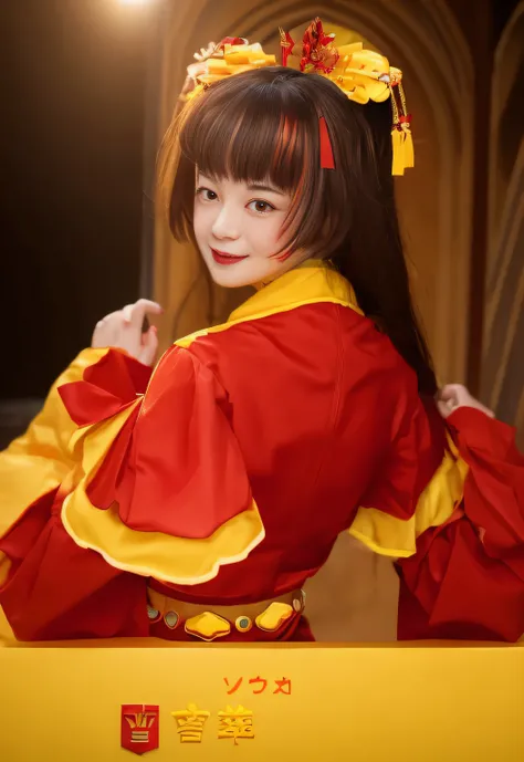 Close up portrait of laughing girl in red and yellow dress