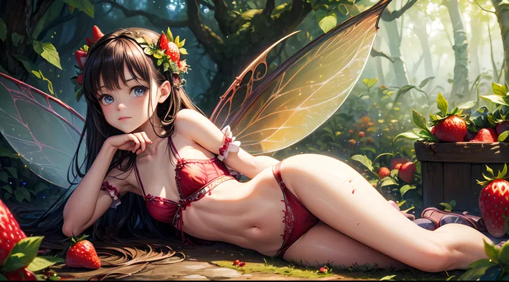 ( Absurd, High quality, ultra-detailed, masterpiece, concept art, smooth, highly detailed artwork, hyper-realistic painting ) , tiny little girl, strawberry girl, Strawberries, cute, whole body, Romantic, Vivid, dreamy, fantasy, fairy wings, in the forest,...