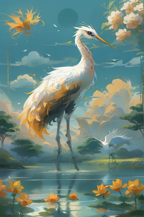 (masterpiece, best quality:1.3),sun,cloud,a crane,standing, lake,flowers,