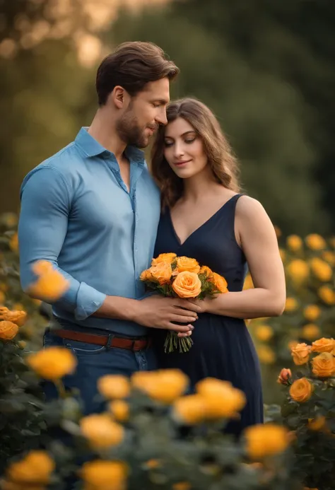 25 YEAR OLD MAN AND PREGNANT WIFE, FAMILY, LOVE, ROMANCE, ROMANTIC, FLOWERS, NATURE, ROSES, NATURE, 8K, intricate details, HDR, beautifully shot, realistic, sharp focus, 64 megapixels, perfect composition, high contrast, cinematic, 8K, CAUCASIAN, BLUE EYES...