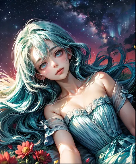 Describe a scene where a cute girl character is lying on a grassy hill, Looking up at the starry sky. Surround her with colorful nebulae and her favorite constellations.